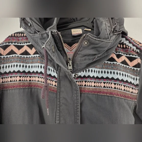 Gray Hooded Roxy Jacket with Colored Pattern - Picture 2 of 3